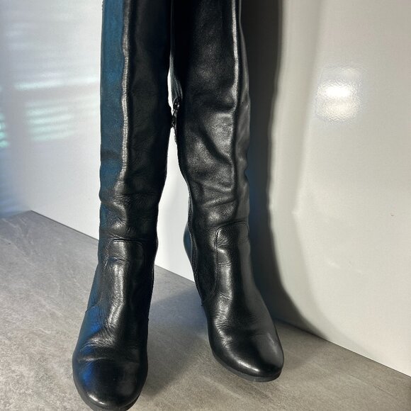 Coach SZ 7 Della Black Leather Wedge Heel Knee High Boot Closet Staple - Picture 3 of 11